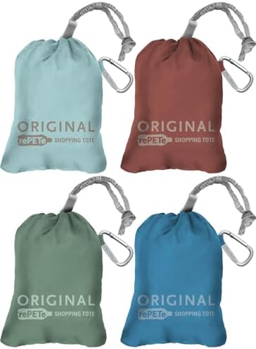 ChicoBag Original Reusable Tote with Carabiner Clip | Compact Reusable Grocery Bags | Recycled Materials | Assorted Colors (Pack of 4)