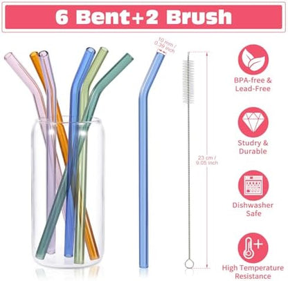 6 Pcs Reusable Bent Glass Drinking Straws,9''x10 mm Colorful Glass Straws for Beverages, Shakes, Milk Tea, Juices,Set of 6 Bent with 2 Cleaning Brushes -Shatter Resistant