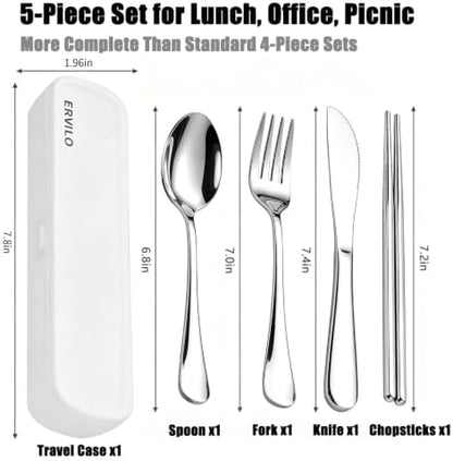 Travel Utensils with Case, Stainless Steel Portable Cutlery Set, Lunch Box Silverware for Work Camping Picnic, Reinforced Case with Snap-Lock Closure, Include Fork Spoon Knife Chopsticks, Silver