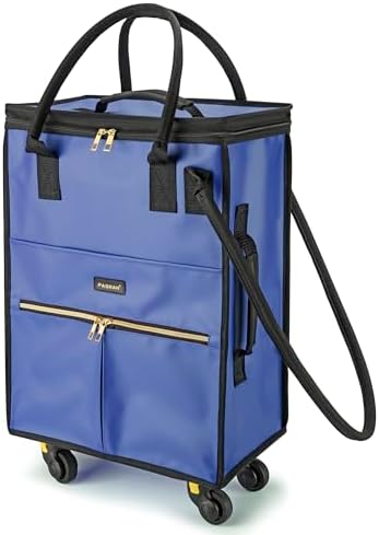 PASMAN Reusable Foldable Rolling Grocery Bag on 4 Wheels,Small,Matte-Blue