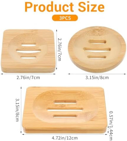 3PCS Bamboo Soap Holder Wooden Soap Dishes for Bathroom, Natural Soaps Dish Self-Draining Bar Soaps Holder Set (Round, Square, Rectangle) for Shower, Sink, Bathtub, and Home Accessories