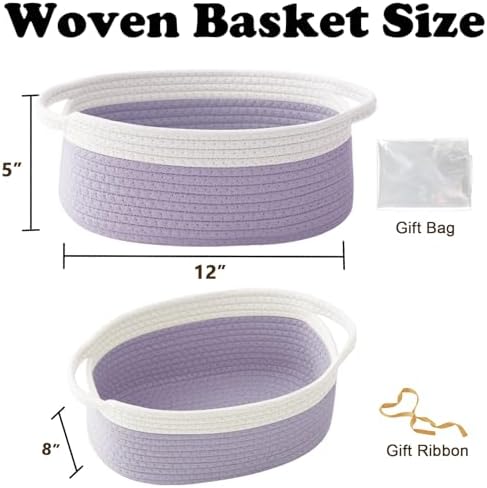 Woven Rope Basket-Baby Gift Basket with Bag & Ribbon, White&Purple