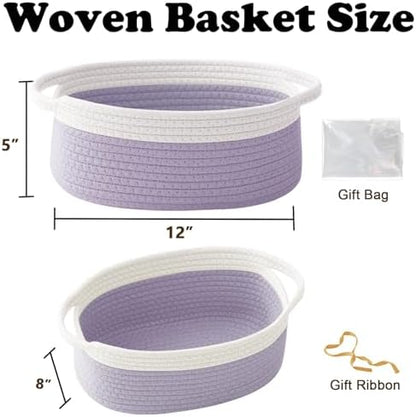 Woven Rope Basket-Baby Gift Basket with Bag & Ribbon, White&Purple