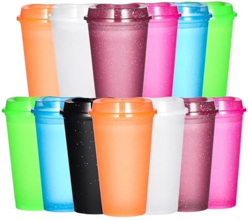 16oz Reusable Plastic Coffee Cups with Lids, 13 Pack