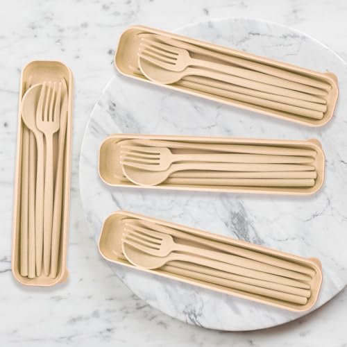 4 Sets Reusable Utensils Set with Case,Camping Cutlery Set Travel Silverware Set with Case Lunch Utensils Set for Work,Utensil Sets for Lunch Picnic Daily Use Outdoor (Beige)