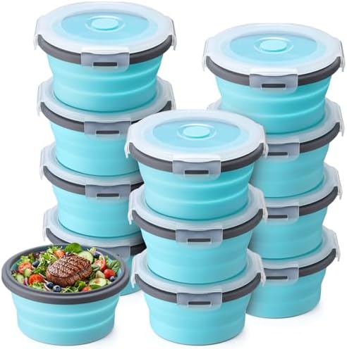 Domensi 12 Pcs Collapsible Bowls with Lids Silicone Camping Food Storage Container Foldable Expandable Folding Salad Lunch Box Leakproof Travel Container for Back to School Hiking Camping, Blue