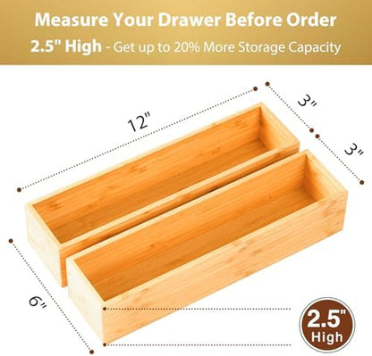 Umilife Bamboo Kitchen Drawer Organizer, Extra High Silverware Tray, Flatware Cutlery Storage Box, Multi-Use Holder in Office, Bathroom, Pantry - 12"x3"x2.5" (Set of 2)