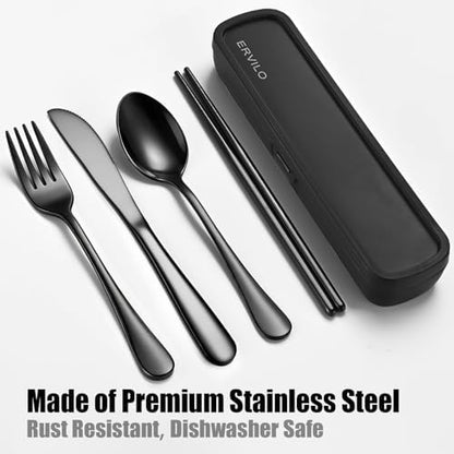 Travel Utensils with Case, Stainless Steel Portable Cutlery Set for Camping Picnic, Lunch Box Silverware for Work, Reinforced Case with Snap-Lock Closure, Include Fork Spoon Knife Chopsticks, Black