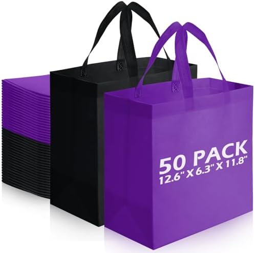Reginary 50 Pcs Reusable Tote Bags Shopping Bags Non Woven, Black, Purple