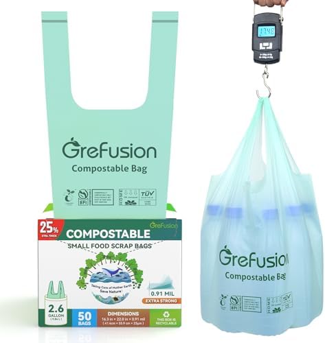 Compostable Trash Bags with handle-tie,Garbage Bags, 2.6 Gallon,Food Waste Bags,Small trash bags for compost bin kitchen,Certified by BPI and OK Compost (2.6G-50count)