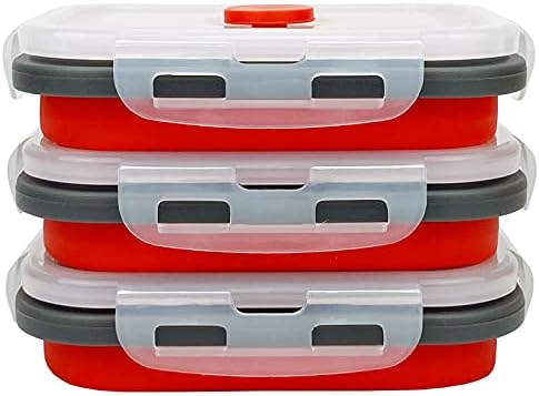 CCyanzi 3piece Collapsible Food Storage Containers with Lids, Silicone Lunch Container, Microwave & Freezer Safe, Space Saving for Kitchen Cabinet and Camping Backpack,(red gray)