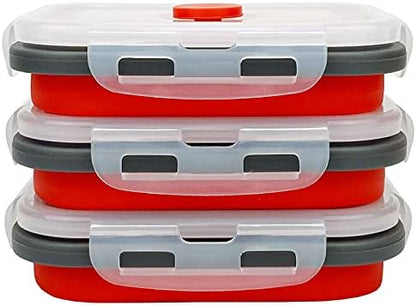 CCyanzi 3piece Collapsible Food Storage Containers with Lids, Silicone Lunch Container, Microwave & Freezer Safe, Space Saving for Kitchen Cabinet and Camping Backpack,(red gray)