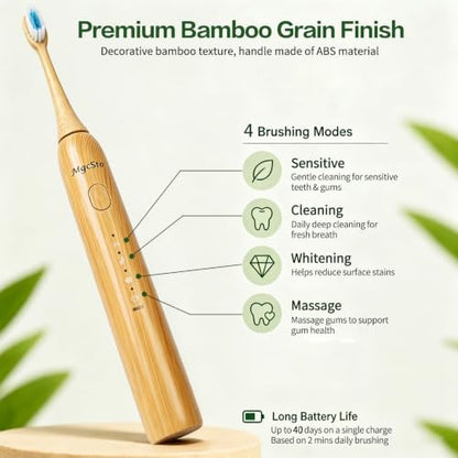 Sonic Electric Bamboo Toothbrush 2 Bamboo Heads with Castor Oil Bristles