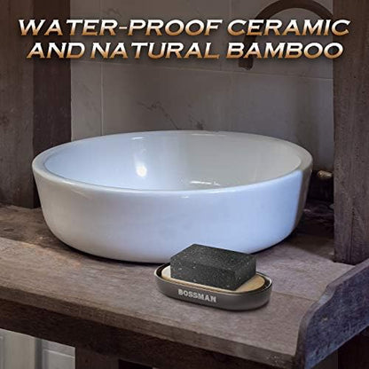 Bossman Natural Bamboo Bathroom Soap Dish w/ Premium Ceramic Base - Black