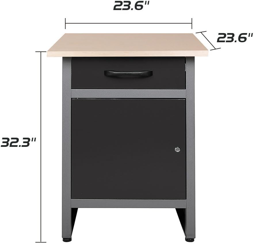 JZD Steel Workbench Garage Storage Cabinet Set with Wood Worktop