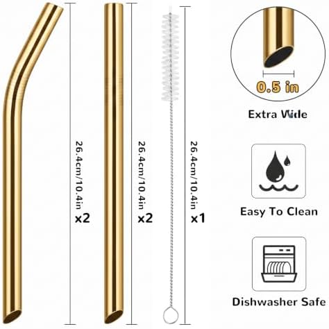 NiHome 4-Pack Stainless Steel Straws for Boba, Smoothie, 10.4” Metal Straws
