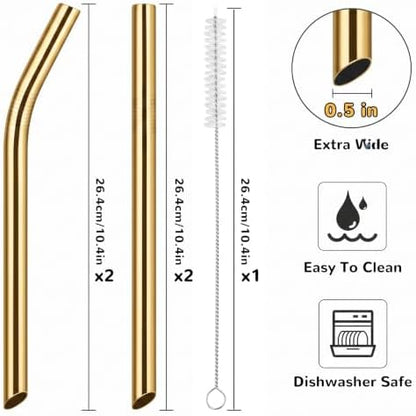NiHome 4-Pack Stainless Steel Straws for Boba, Smoothie, 10.4” Metal Straws