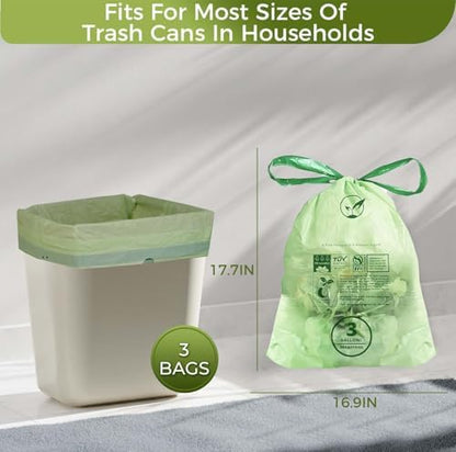3 Gallon Compostable Trash Bags Drawstring, Heavy Duty Extra Thick 1 Mil, 11.36 Liter, 50 Bags, Small Kitchen Food Scrap Waste Bag, ASTM D6400, US BPI and OK Compost Home