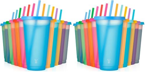 Meoky Plastic Color Changing Cups - 24 Pack 24 oz, Reusable with Lids and Straws for Adults, Kids, Parties, Cute Cold Cups for Iced Coffee