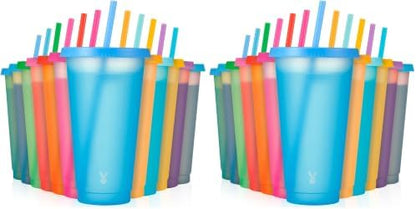 Meoky Plastic Color Changing Cups - 24 Pack 24 oz, Reusable with Lids and Straws for Adults, Kids, Parties, Cute Cold Cups for Iced Coffee