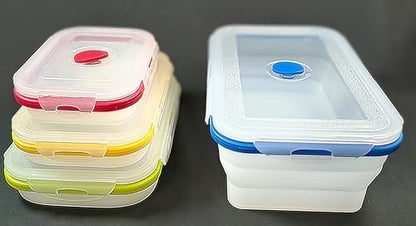 Collapsible Silicone Food Storage Containers - Rectangular Set of 4 with Airtight Snap-Down Plastic Lids - Microwave, Dishwasher, Freezer Safe