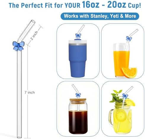 Cute Glass Straws with Blue Bow Charms, 8-Pack 9-Inch Bent for Tumblers