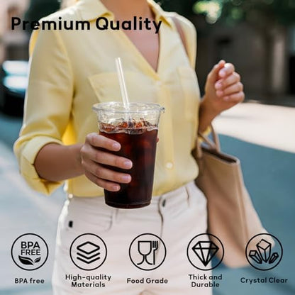 AOZITA 100 Pack - 24 oz Clear Plastic Cups with Lids and Straws, Food Safe Disposable Iced Coffee Cups for Cold Beverages, Smoothies, Iced Coffee, Leak-Proof, BPA-Free