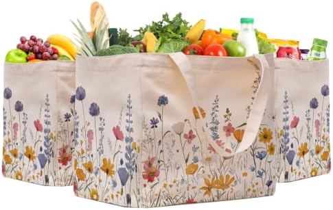 Aesthetic Canvas Reusable Grocery Bags Heavy Duty, 8.3 gal Foldable Large Tote Bag with Handles, Holds 60 lbs & Washable Eco-friendly Bags with 5 Pockets, Beige with a print 3 Bags（Wildflowers）