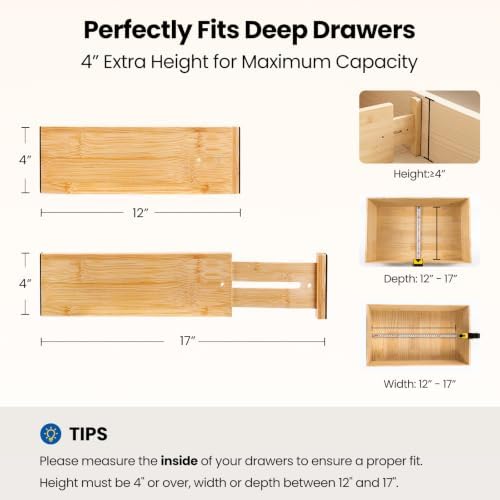 4 Pack 4" Deep Bamboo Drawer Dividers, 12-17" Expandable Kitchen Organizers