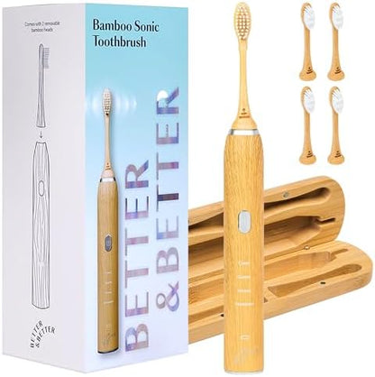 Better & Better Sonic Bamboo Electric Toothbrush Bundle | Additional Replacement Heads & Bamboo Travel Case Included.