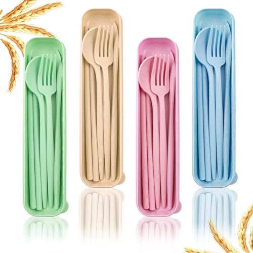 4 Sets Reusable Utensils Set with Case,Camping Cutlery Set Travel Silverware Set with Case Lunch Utensils Set for Work,Utensil Sets for Lunch Picnic Daily Use Outdoor (COLOR A)