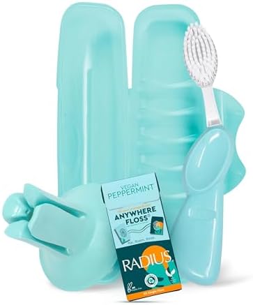 RADIUS Vacation Pastel Bundle, Includes Left Handed Big Brush with Replaceable Head, Toothbrush Travel Case, DOC Toothbrush Holder, Anywhere Travel Floss Packette, Mint Green, 4 Piece Bundle