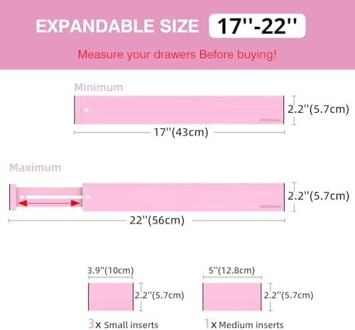 ANTOWIN Expandable Bamboo Drawer Dividers Organizers, Drawer Separators Splitter, 17-22 inches Long Adjustable Spring-loaded Organizer for Large Utensil, Clothes, Tools(Pink)