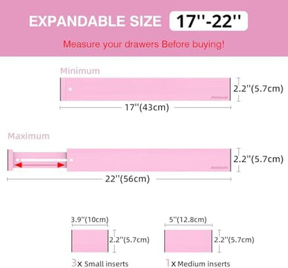 ANTOWIN Expandable Bamboo Drawer Dividers Organizers, Drawer Separators Splitter, 17-22 inches Long Adjustable Spring-loaded Organizer for Large Utensil, Clothes, Tools(Pink)