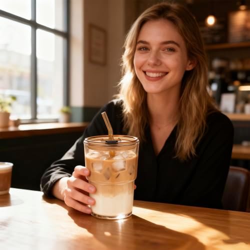 13oz Glass Iced Coffee Cups with Straw and Lid, Thick-Wall Glass Tumbler, Reusable Coffee Cup for Iced Coffee, Matcha, Cold Brew, Latte and Cold Drinks, Fits Car Cup Holders
