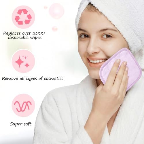 VitalCozy 10 Pack Makeup Remover Cloths, Makeup Remover Towels Reusable Face Cloth Eraser for Washing Face Microfiber Washcloth for Women Cleansing Just Water with Mesh Bag (Pastel Colors)