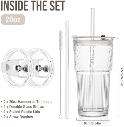 SoulTimes 20oz Wave Ribbed & Wavy Glass Tumbler with Lid and Straw – Iced Coffee Glasses Cups for Smoothie, Matcha, Juice, Water etc. Leakproof and Reusable Glassware Drinking for Travel To Go [4 Pcs]