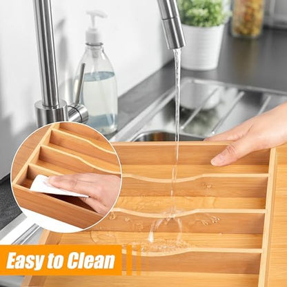 Bellsal Bamboo Silverware Drawer Organizer, Kitchen Utensil Drawer Organizers, 12"x15.7" Utensils Holder Cutlery Tray with Grooved Drawer Dividers for Kitchen Flatware Bedroom Office(7 Slot, Natural)