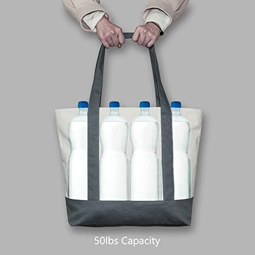 TOPDesign 1-Pack Canvas Tote Bag with an External Pocket, Reusable Grocery Shopping Bag, Top Zipper Closure, Daily Essentials (Grey/Natural)