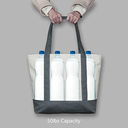 TOPDesign 1-Pack Canvas Tote Bag with an External Pocket, Reusable Grocery Shopping Bag, Top Zipper Closure, Daily Essentials (Grey/Natural)