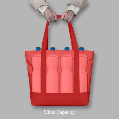 TOPDesign 3-Pack Canvas Tote Bags with an External Pocket, Reusable Grocery Shopping Bags, Top Zipper Closure, Daily Essentials (Red)