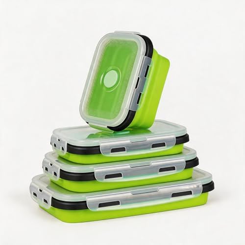 Collapsible Silicone Food Storage Containers Set, 4PCS Foldable Lunch Boxes with Lids & Air Vent, 27oz Multifunctional Travel Food Containers, Bento Boxes, Green
