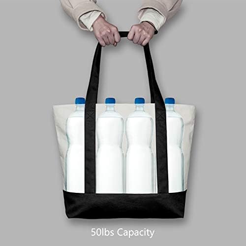 TOPDesign 3-Pack Canvas Tote Bags with an External Pocket, Reusable Grocery Shopping Bags, Top Zipper Closure, Daily Essentials (Black/Natural)