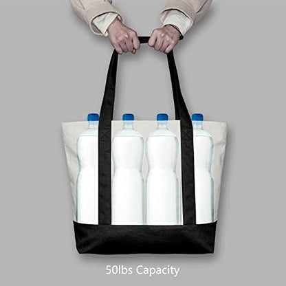 TOPDesign 3-Pack Canvas Tote Bags with an External Pocket, Reusable Grocery Shopping Bags, Top Zipper Closure, Daily Essentials (Black/Natural)