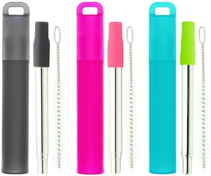 NAIVELY-Metal Reusable Straws 3 Pack Collapsible Portable Stainless Steel Drinking Straw Telescopic Travel Straw, with Case and Cleaning Brush Foldable Pocket Straws