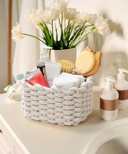 Small Cotton Rope Basket 2 Pack, White Shelf Storage Bins for Desk Vanity