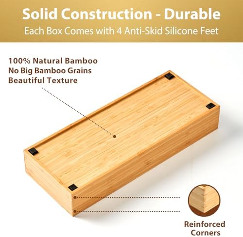 Umilife Bamboo Kitchen Drawer Organizer, Extra High Silverware Tray, Flatware Cutlery Storage Box, Multi-Use Holder in Office, Bathroom, Pantry - 9"x3"x2.5" (Set of 2)