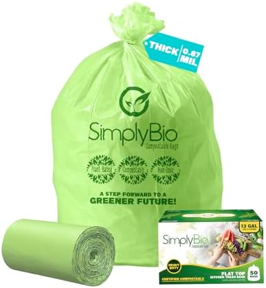 Simply Bio 13 Gallon Compostable Trash Bags Liners with Flat-Top, Thick 0.87 Mil, 49.21 Liter, 50 Bags, Tall Kitchen Food Scrap Waste Bag, ASTM D6400, US BPI and OK Compost Home Certified