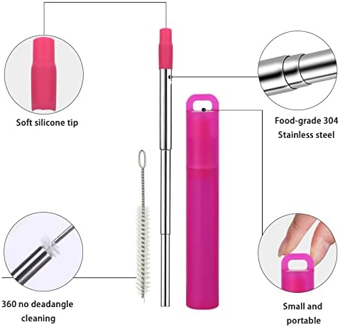 NAIVELY-Reusable Straws 6 Pack Collapsible Portable Stainless Steel Straws with Case,Silicone Tips and Cleaning Brush,Retractable Portable Travel Straw