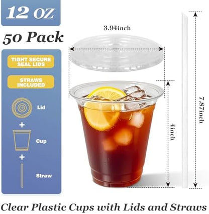 Charmount 50 Sets- 12 oz Clear Plastic Cups with Lids and Straws